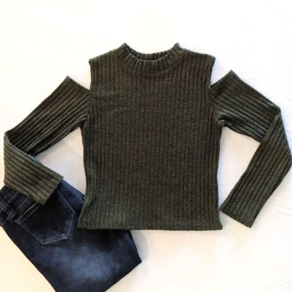 Pinc Premium Marled Cold Shoulder Ribbed Crop Sweater M